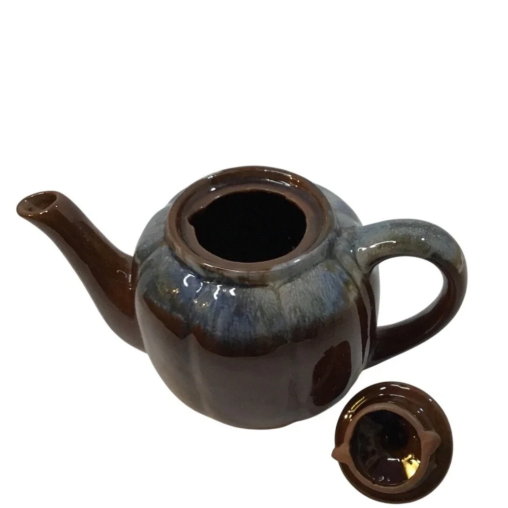 Vintage Ceramic Teapot‎ Brown Blue Glaze Rustic Country Kitchenware